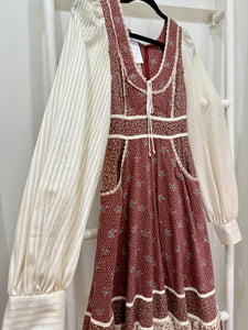 1970s Gunne Sax Burgundy Calico Midi Dress