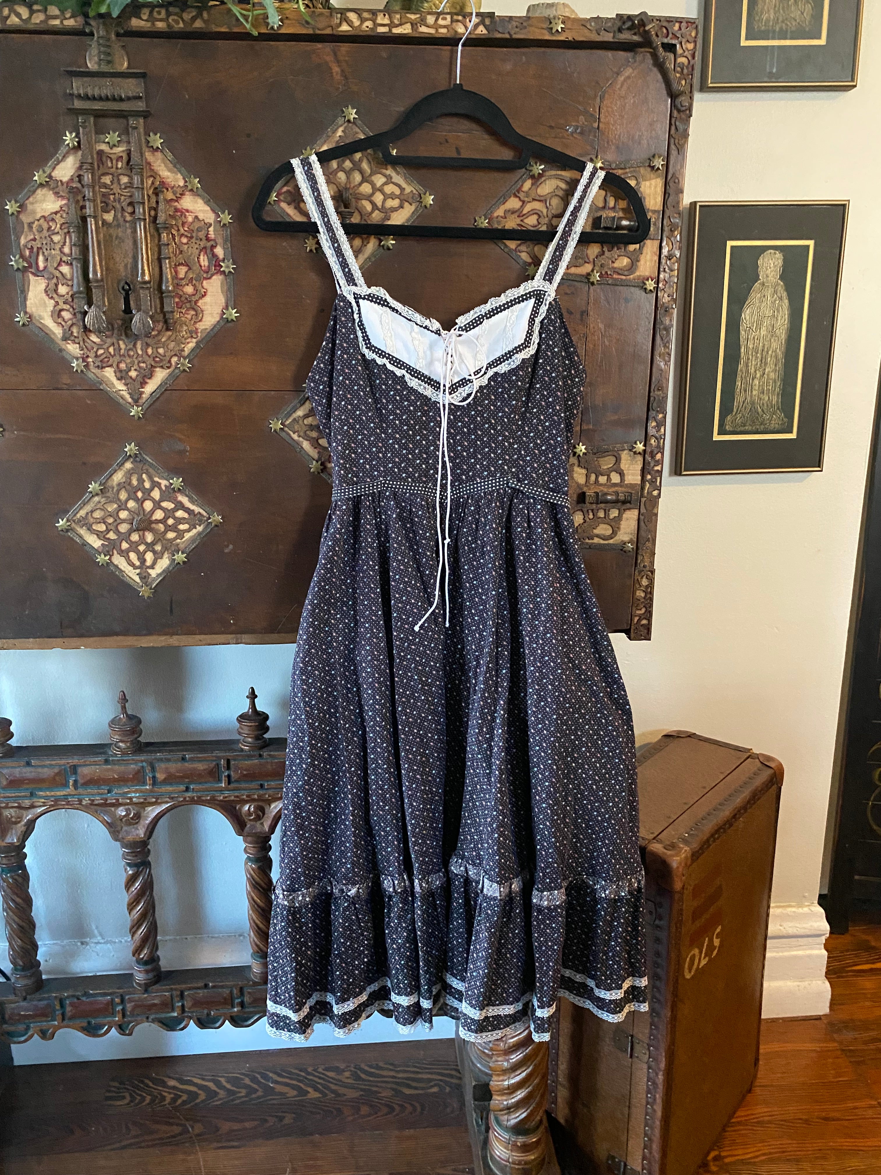 1970s Gunne Sax Black Calico Midi Sun Dress