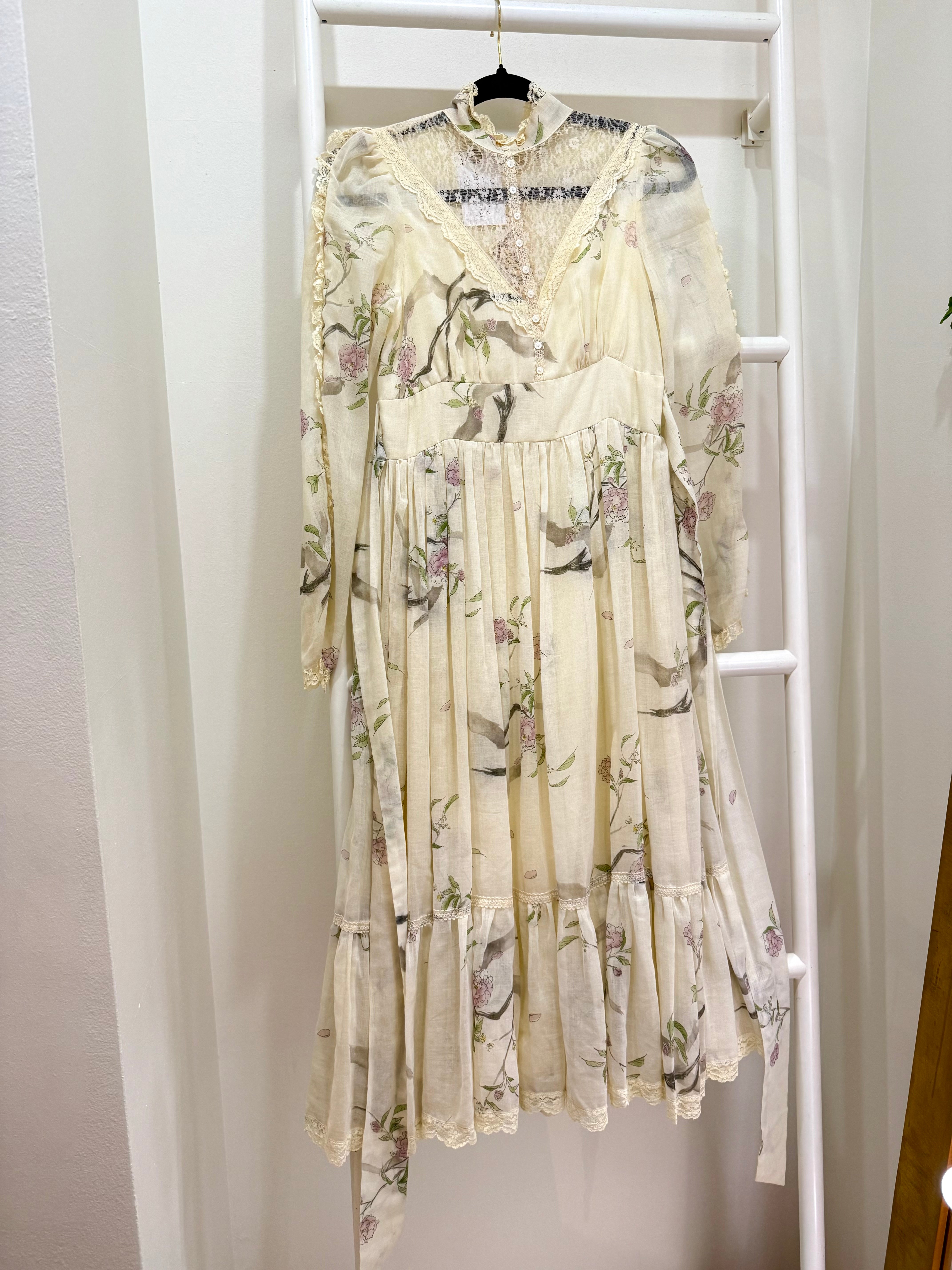 1970s Gunne Sax Botanical Print Lace Top Midi Dress