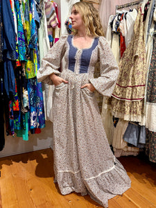 1970s Gunne Sax Blue Calico Balloon Sleeve Maxi Dress