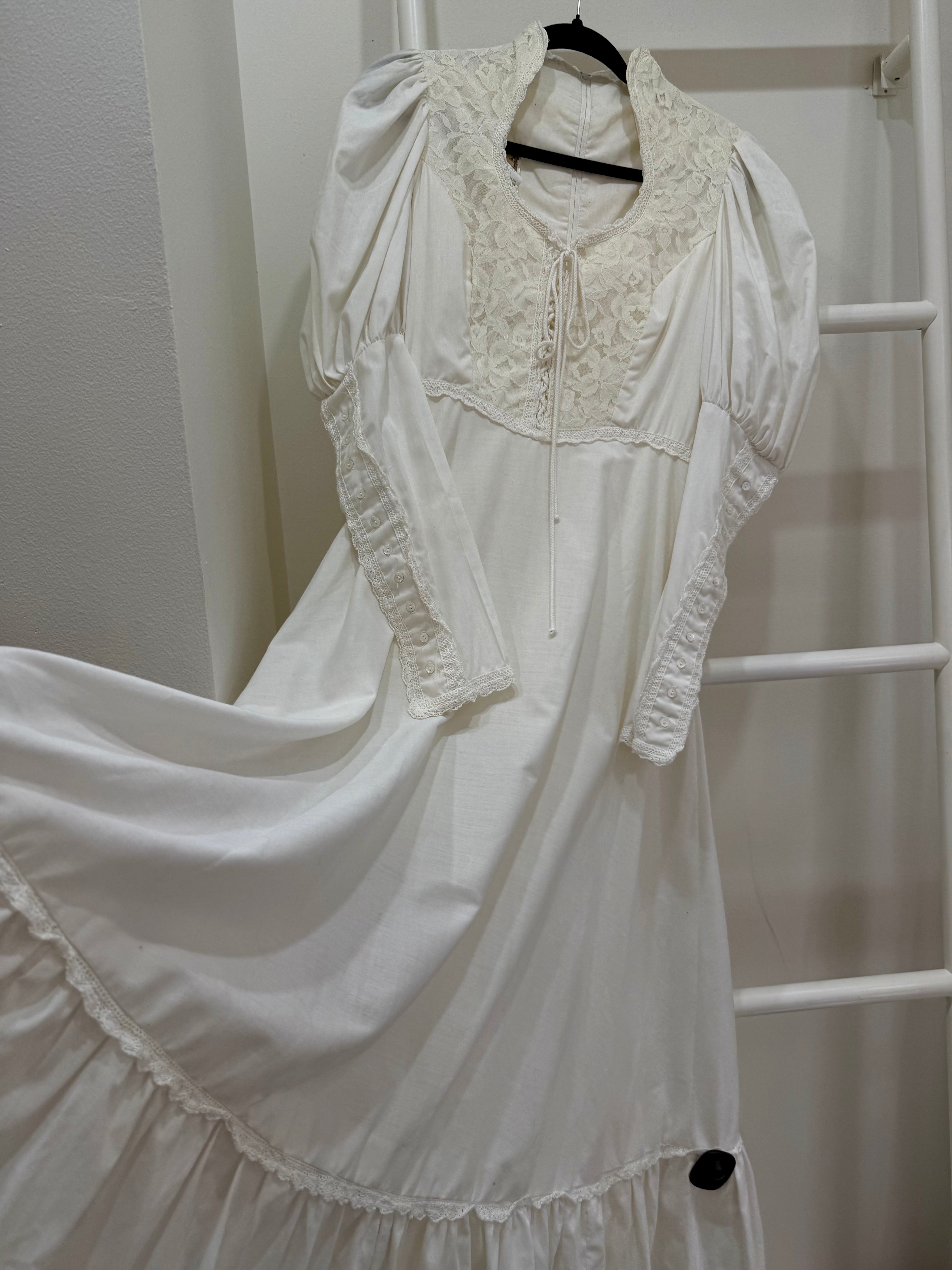 1970s Gunne Sax White Mutton Sleeve Maxi Dress