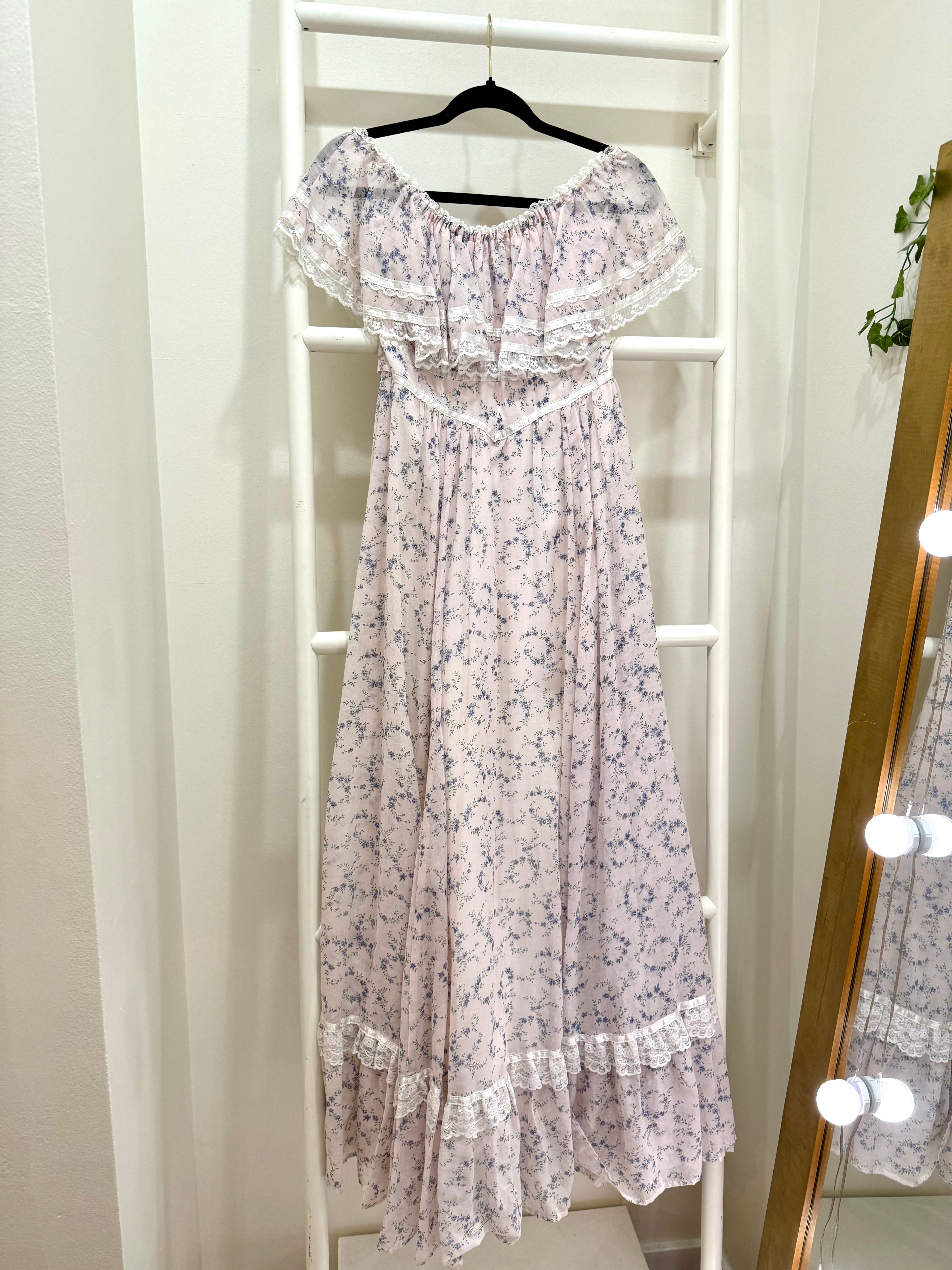 1970s Gunne Sax Pink Floral Off-Shoulder Maxi Dress
