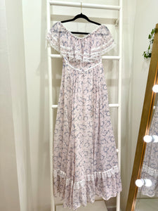 1970s Gunne Sax Pink Floral Off-Shoulder Maxi Dress