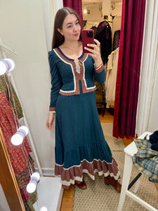 1970s Blue & Red Plaid Peplum Prairie Style Maxi Dress