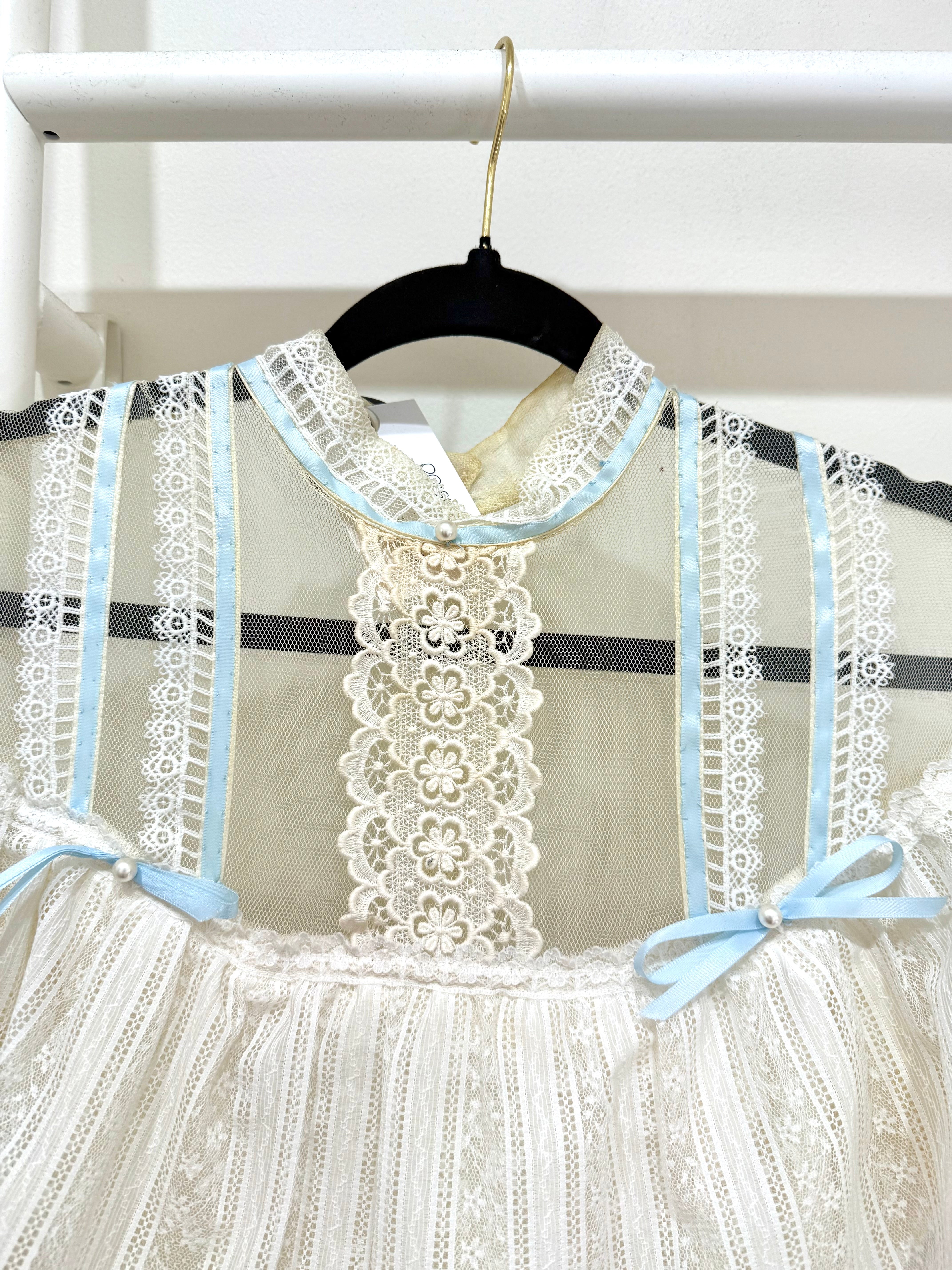 1970s Gunne Sax White Lace & Blue Ribbon Gown