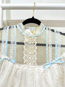 1970s Gunne Sax White Lace & Blue Ribbon Gown