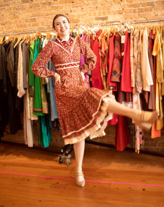 1970s Gunne Sax Red Calico Midi Dress