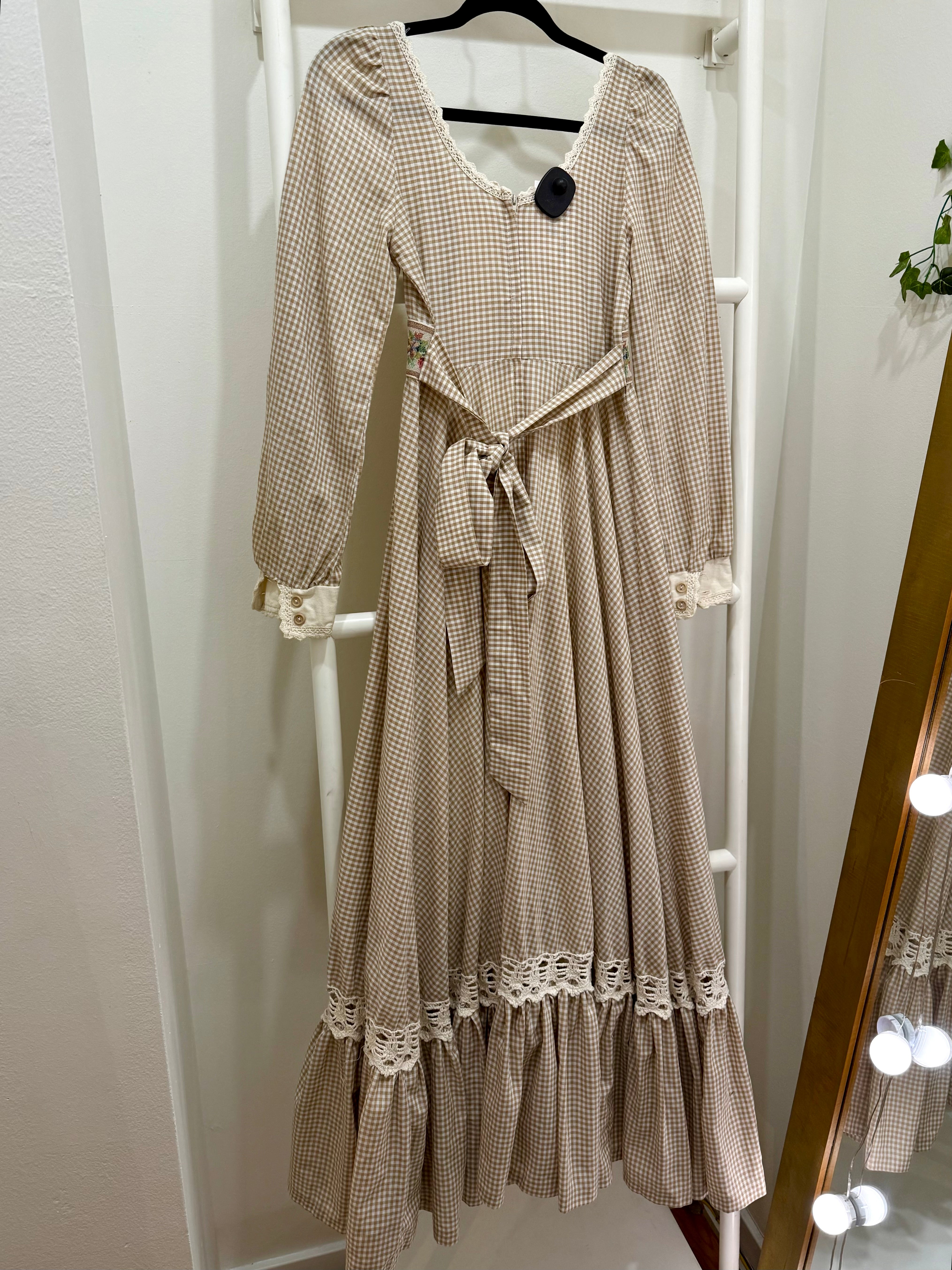 1970s Gunne Sax Brown Gingham Maxi Dress