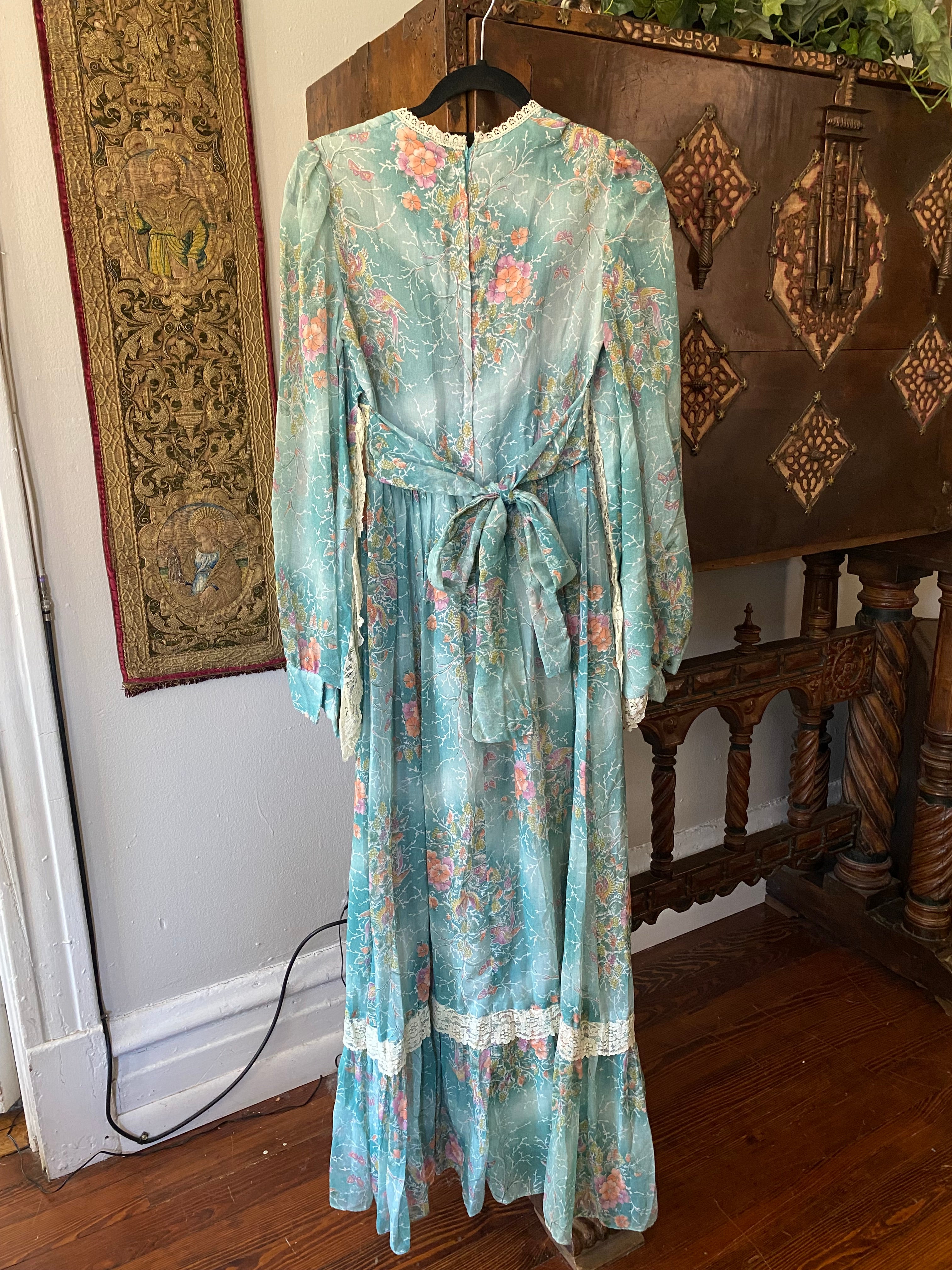 1970s Blue Bird & Butterfly Print Angel Sleeve Maxi Dress