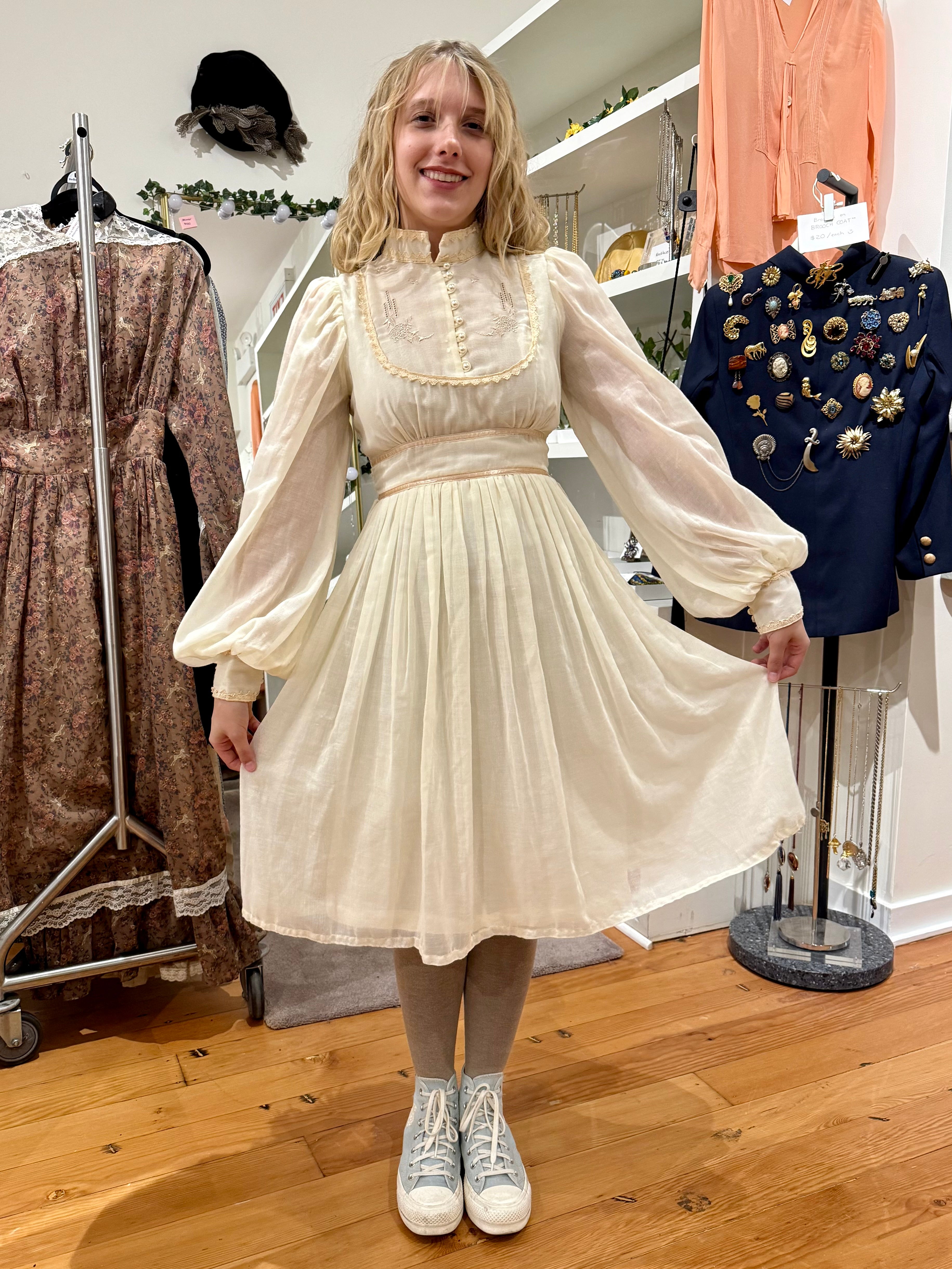 1970s Gunne Sax Cream Embroidered Balloon Sleeve Midi Dress