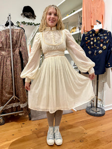1970s Gunne Sax Cream Embroidered Balloon Sleeve Midi Dress
