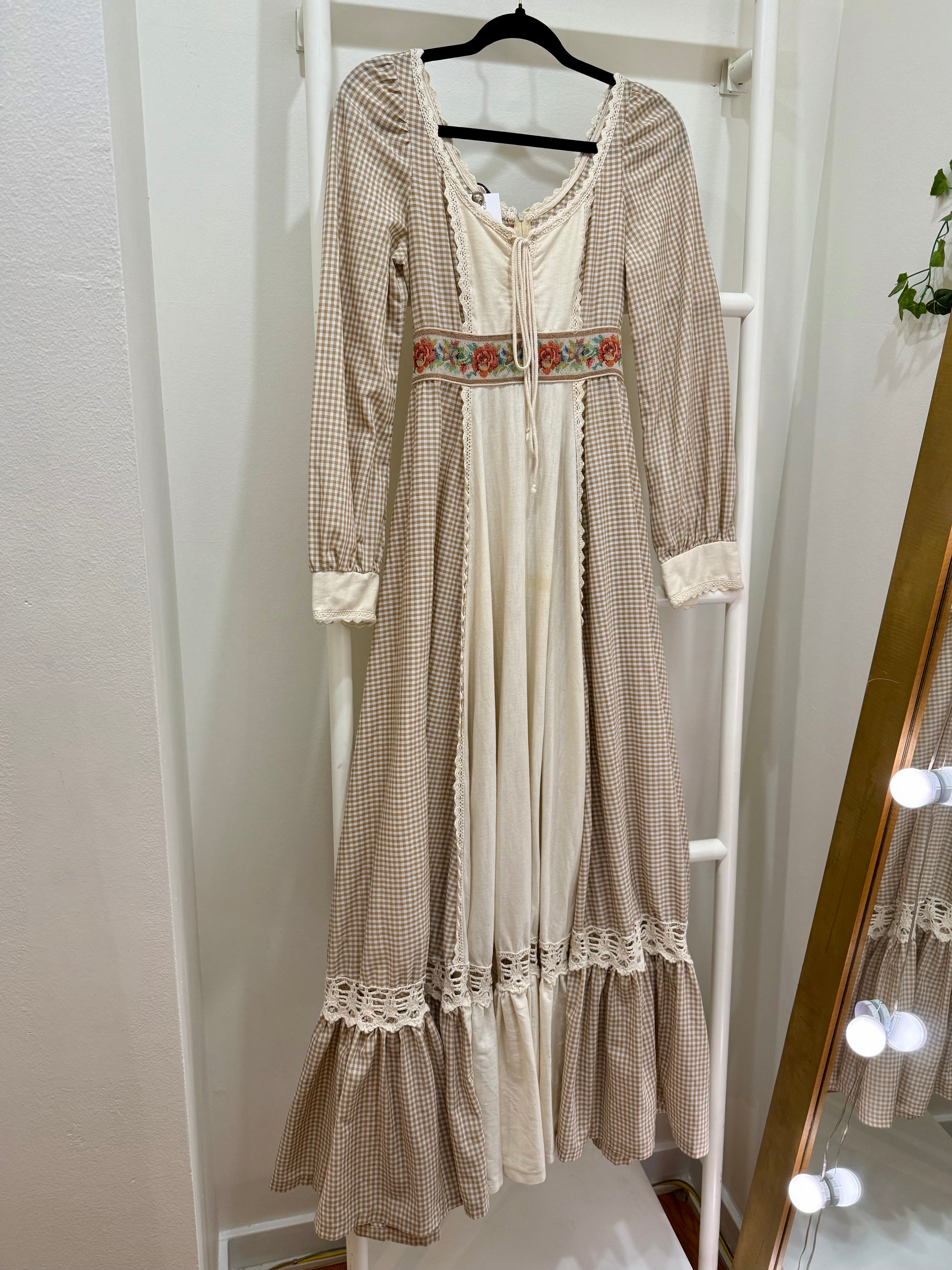 1970s Gunne Sax Brown Gingham Maxi Dress