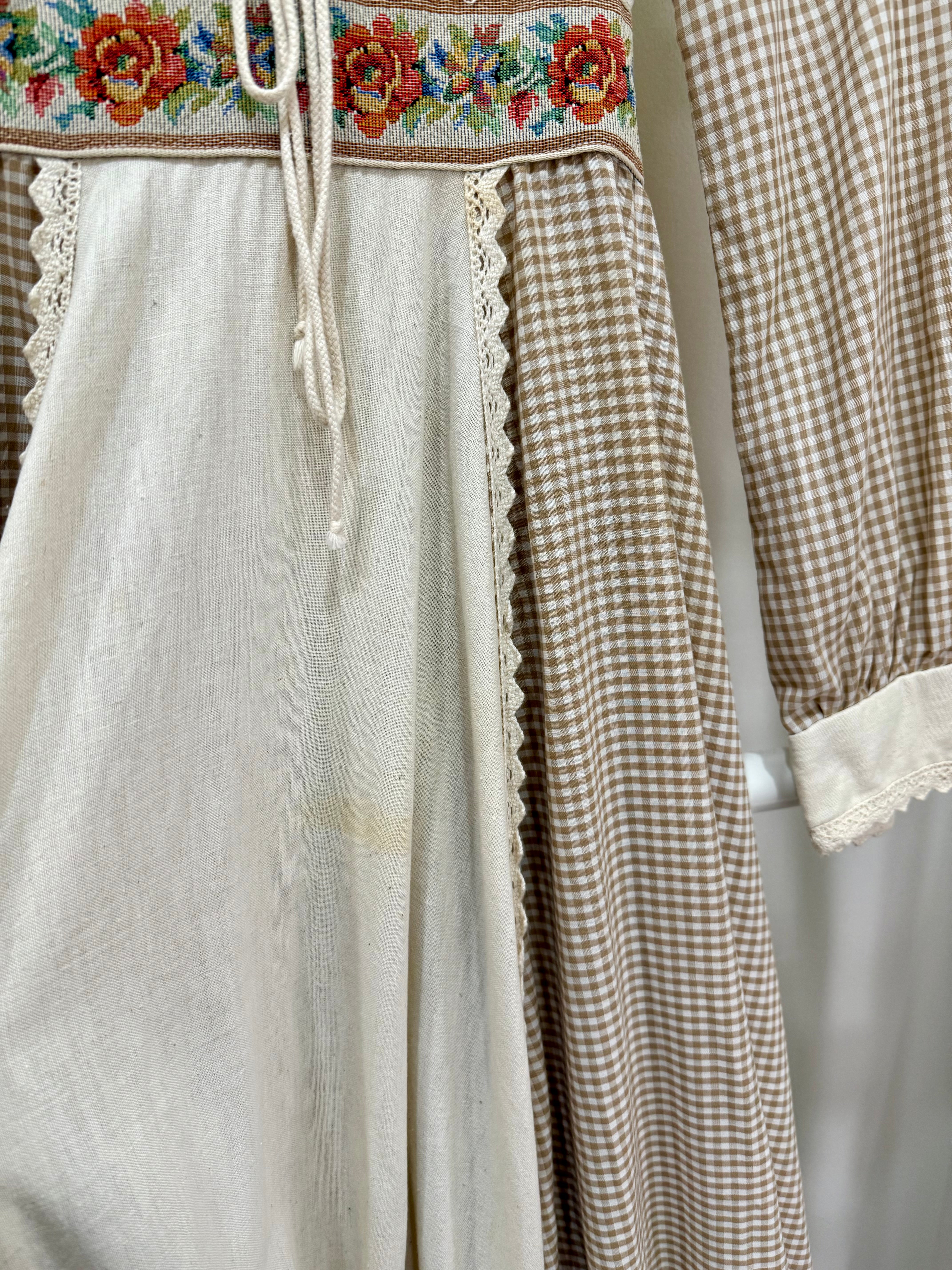 1970s Gunne Sax Brown Gingham Maxi Dress