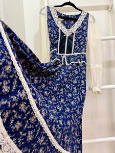 1970s Gunne Sax Blue Calico Peplum Midi Dress