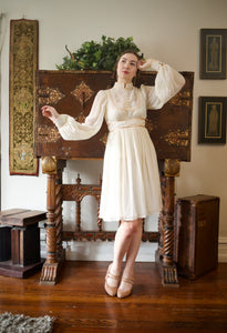 1970s Gunne Sax Cream Embroidered Balloon Sleeve Midi Dress