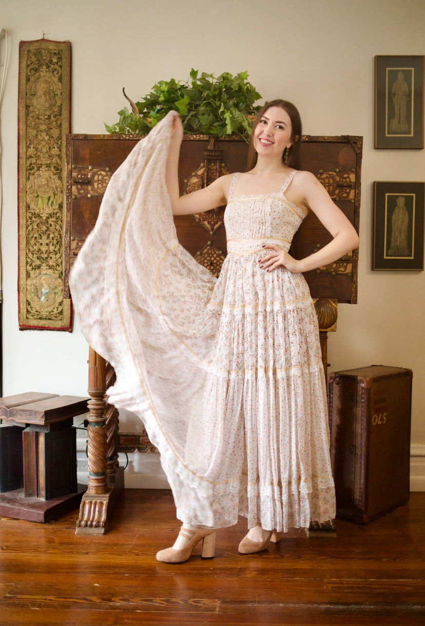 1970s Gunne Sax Golden Calico Maxi Sun Dress