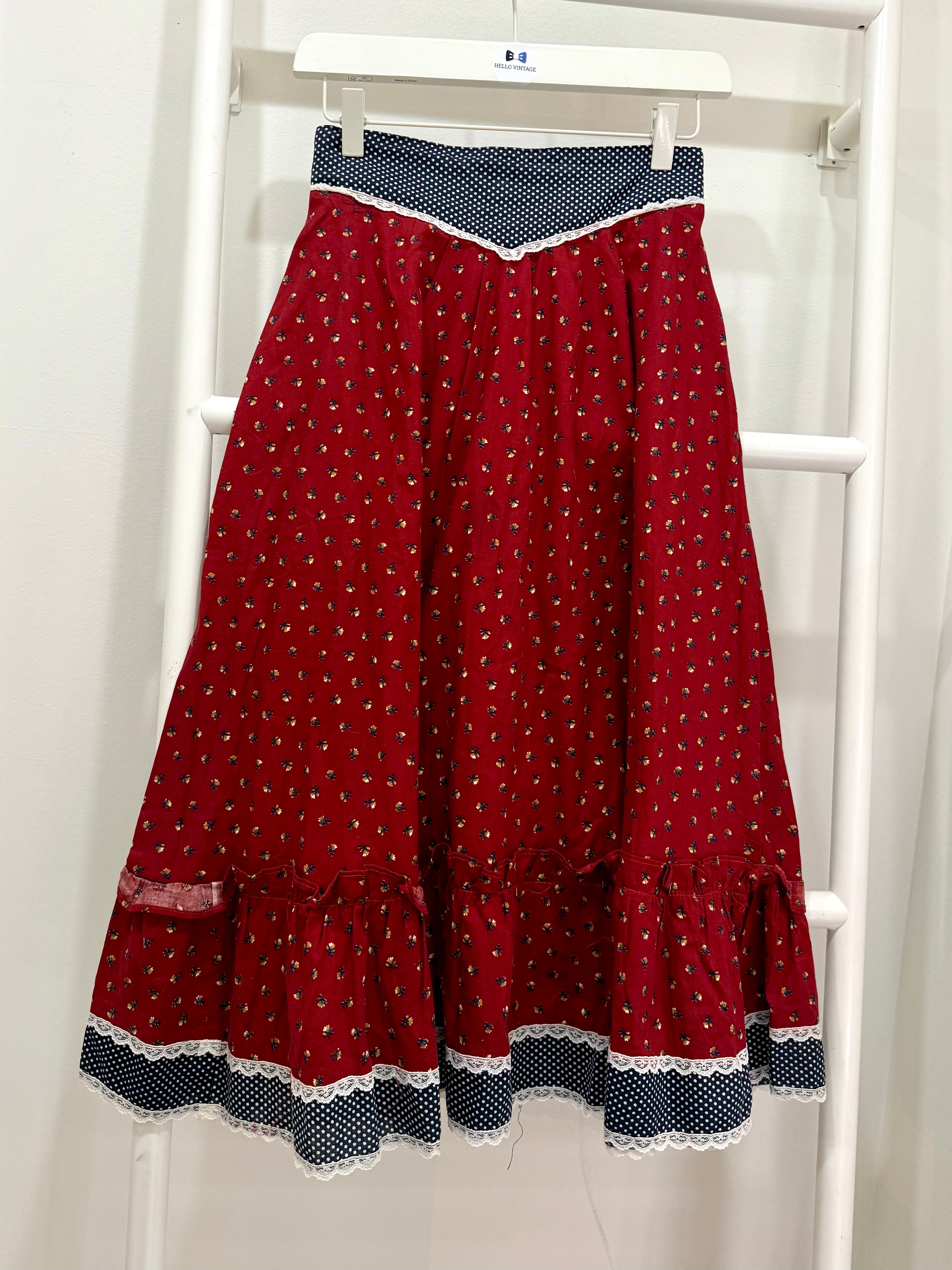 1970s Gunne Sax Red Calico Midi Skirt