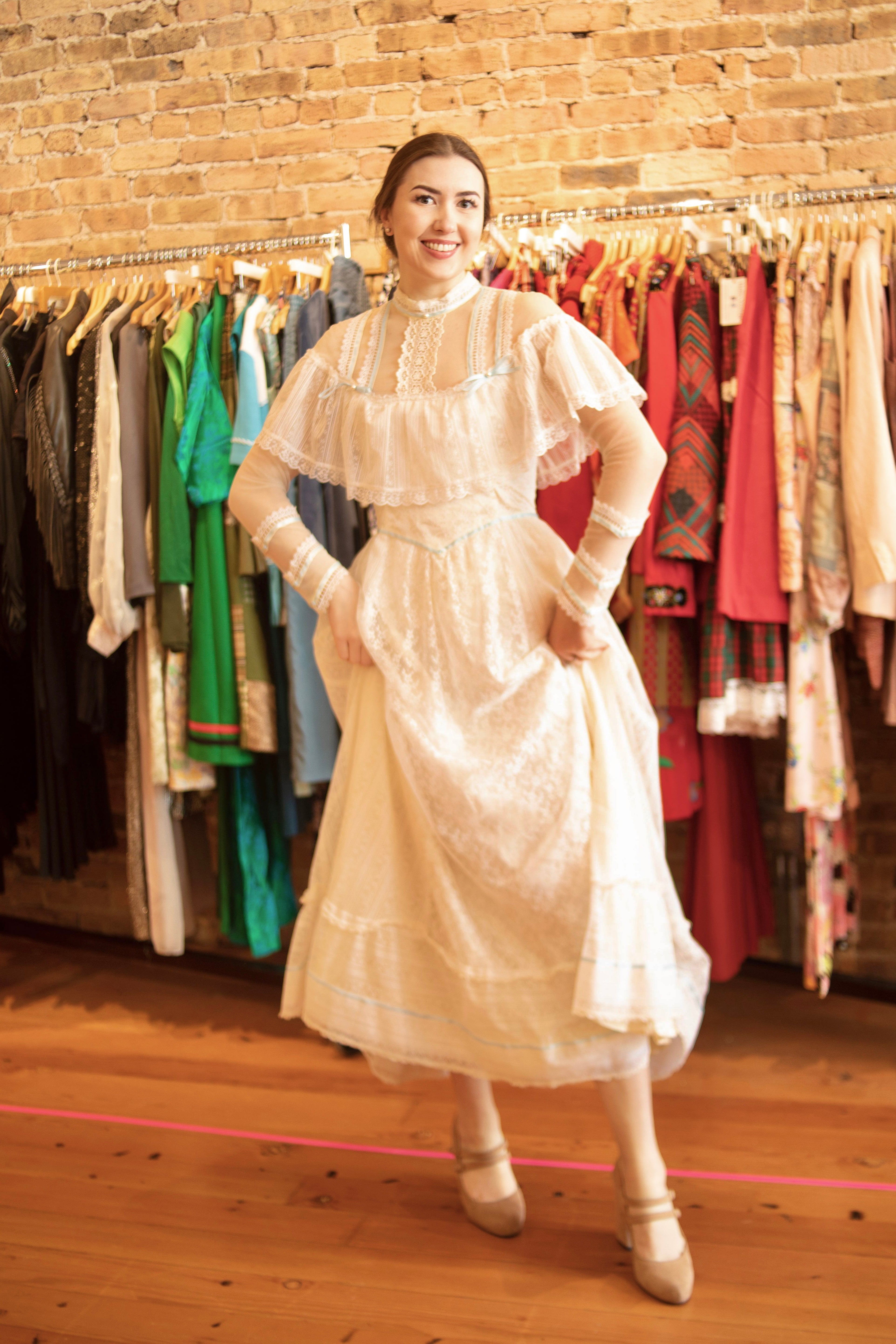 1970s Gunne Sax White Lace & Blue Ribbon Gown