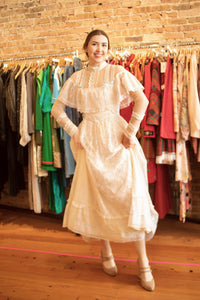1970s Gunne Sax White Lace & Blue Ribbon Gown