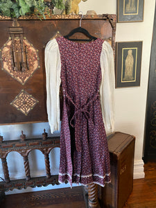 1970s Gunne Sax Maroon Calico & Corduroy Midi Dress