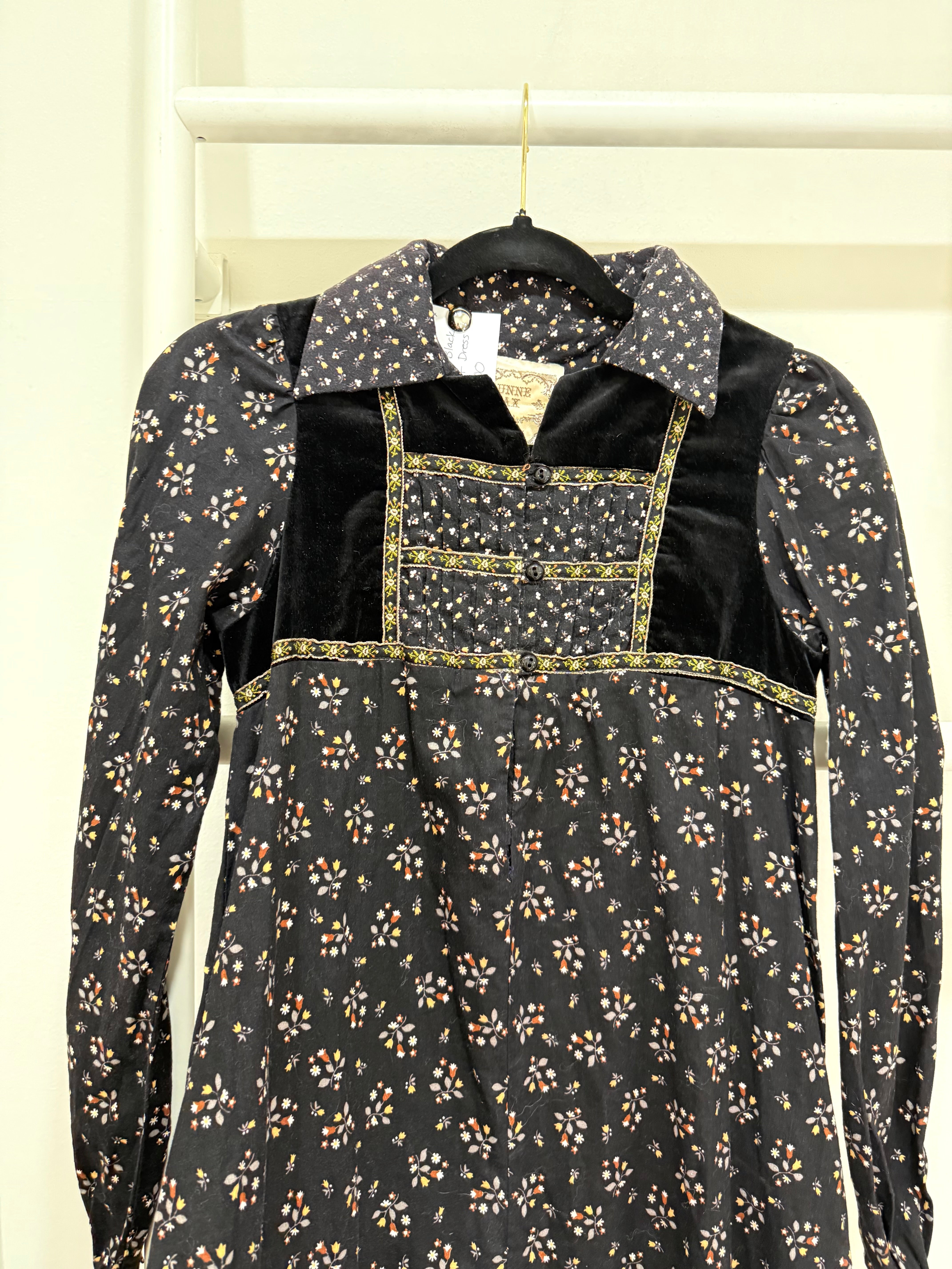 1970s Gunne Sax Black Calico Midi Dress