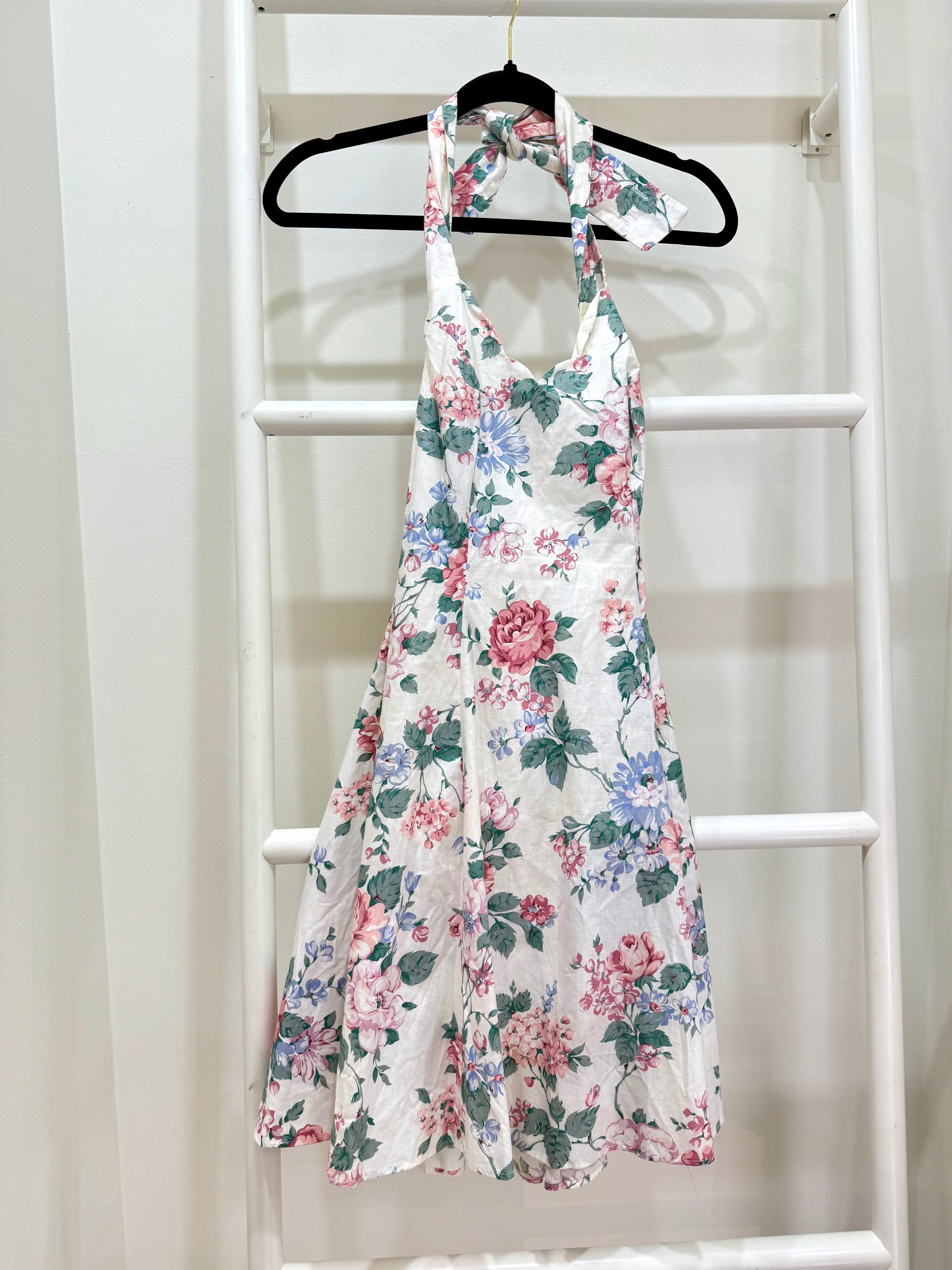 1990s Gunne Sax Floral Halter Mini Sun Dress