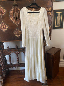 1970s Gunne Sax Creamy Lace Bishop Sleeve Maxi Dress