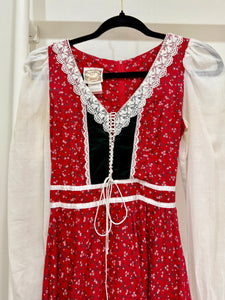 1970s Gunne Sax Red Calico Black Velvet Corset Midi Dress