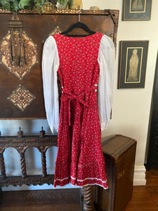 1970s Gunne Sax Red Calico & Black Velvet Midi Dress