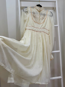 1970s Gunne Sax Cream Embroidered Balloon Sleeve Midi Dress