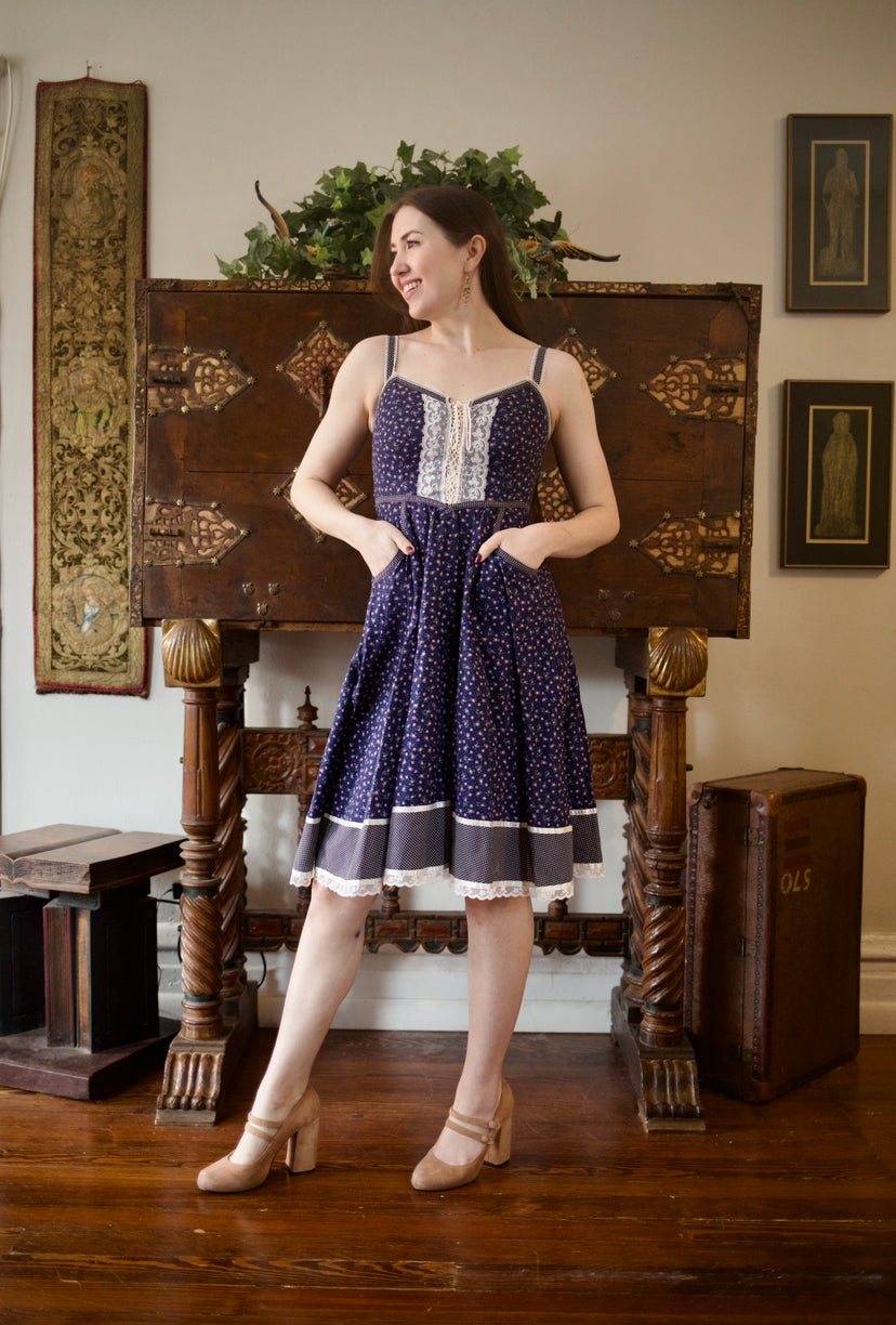 1970s Gunne Sax Navy Calico Midi Sun Dress