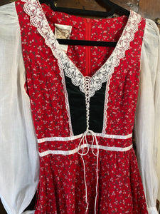 1970s Gunne Sax Red Calico & Black Velvet Midi Dress