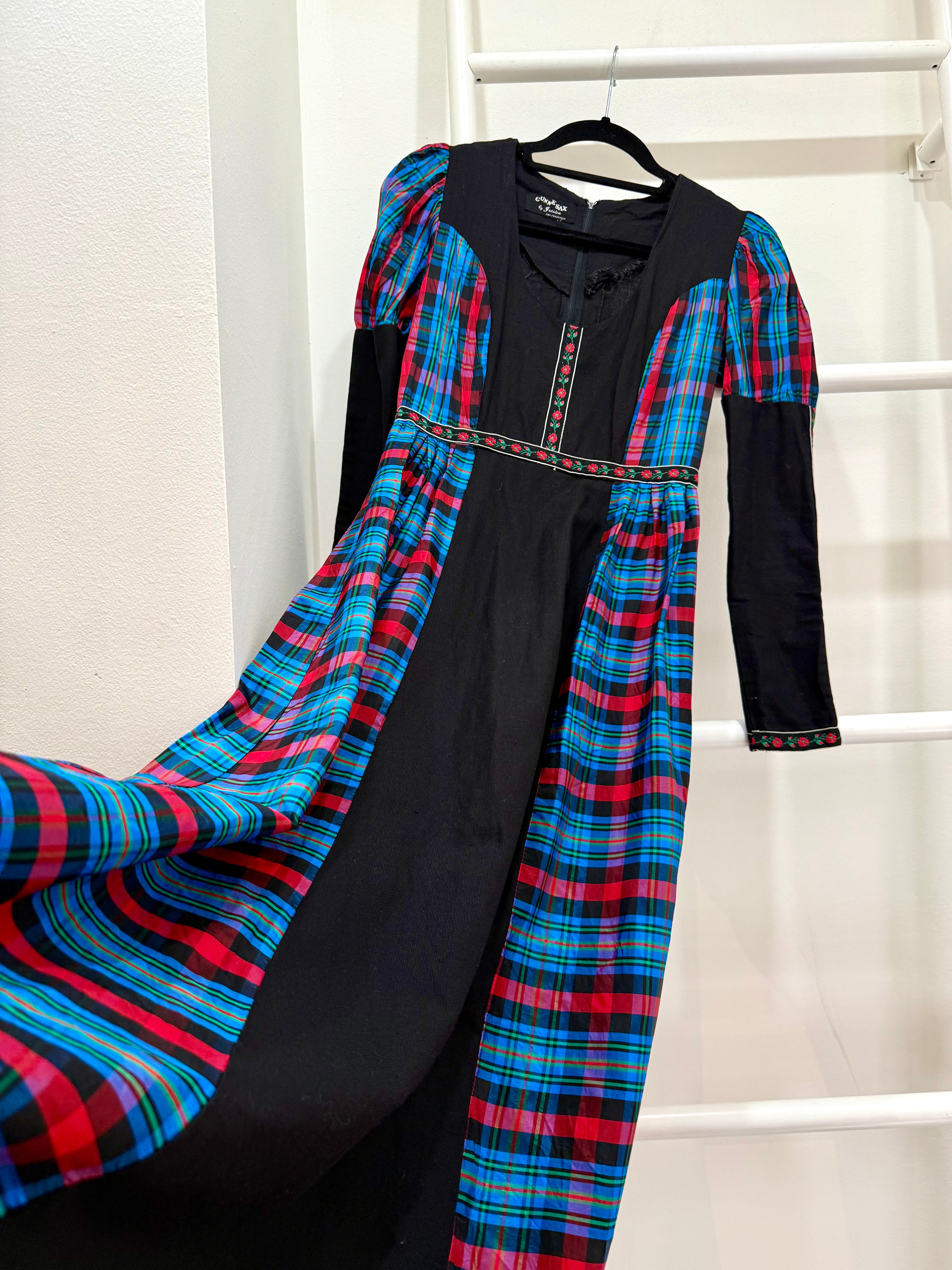 1960s Gunne Sax Black Label Blue Plaid Maxi Dress