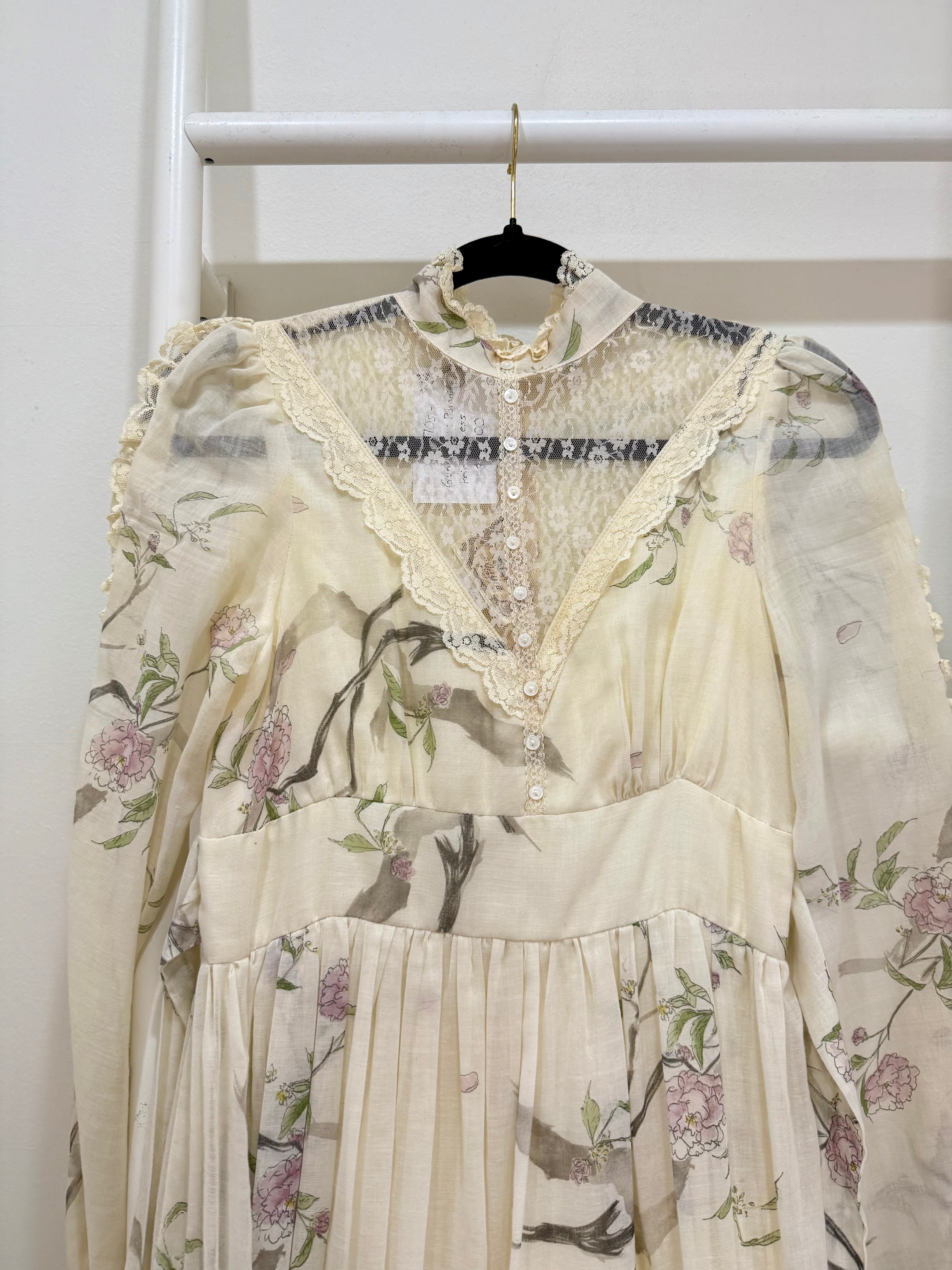 1970s Gunne Sax Botanical Print Lace Top Midi Dress