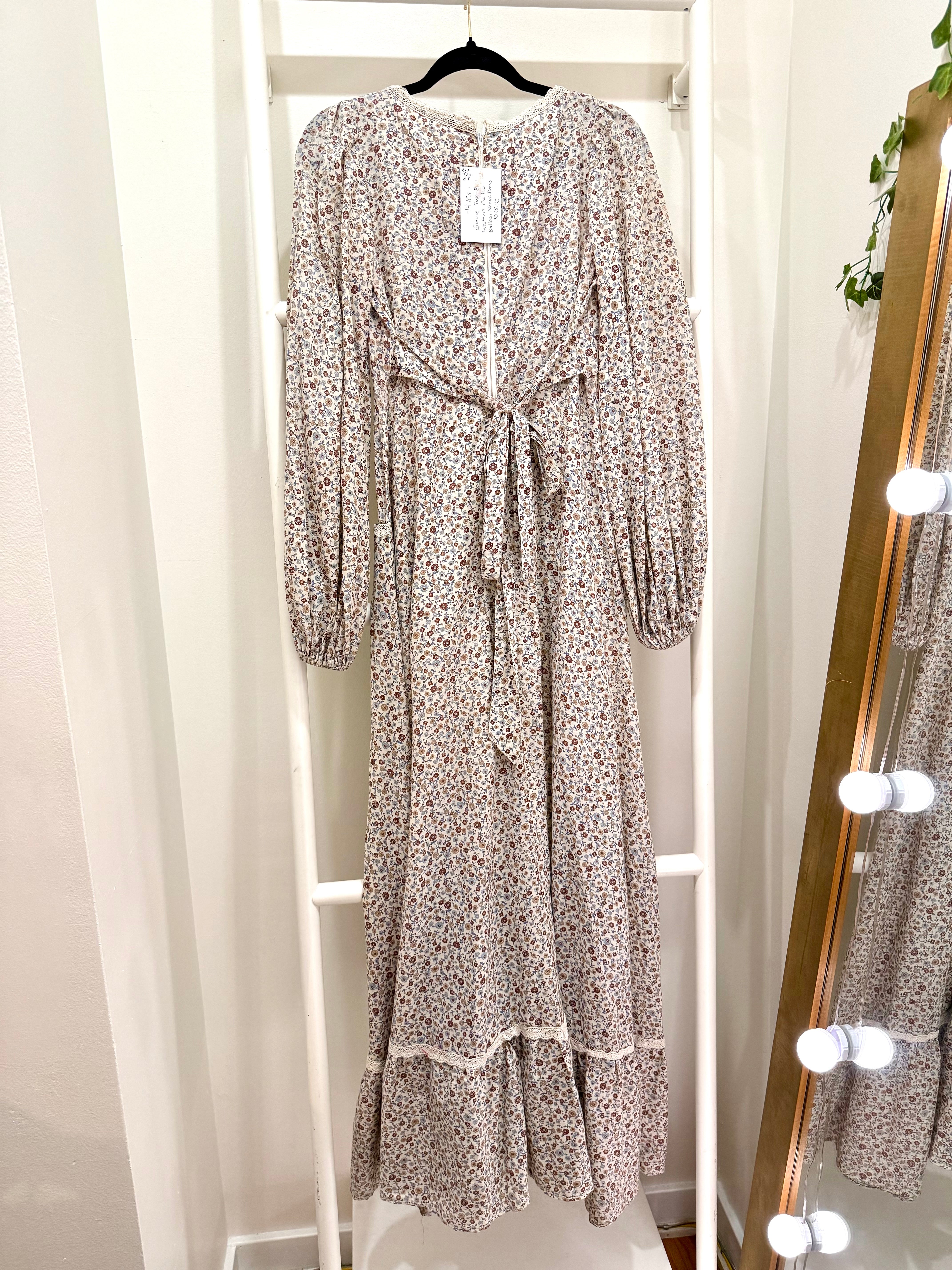 1970s Gunne Sax Blue Calico Balloon Sleeve Maxi Dress