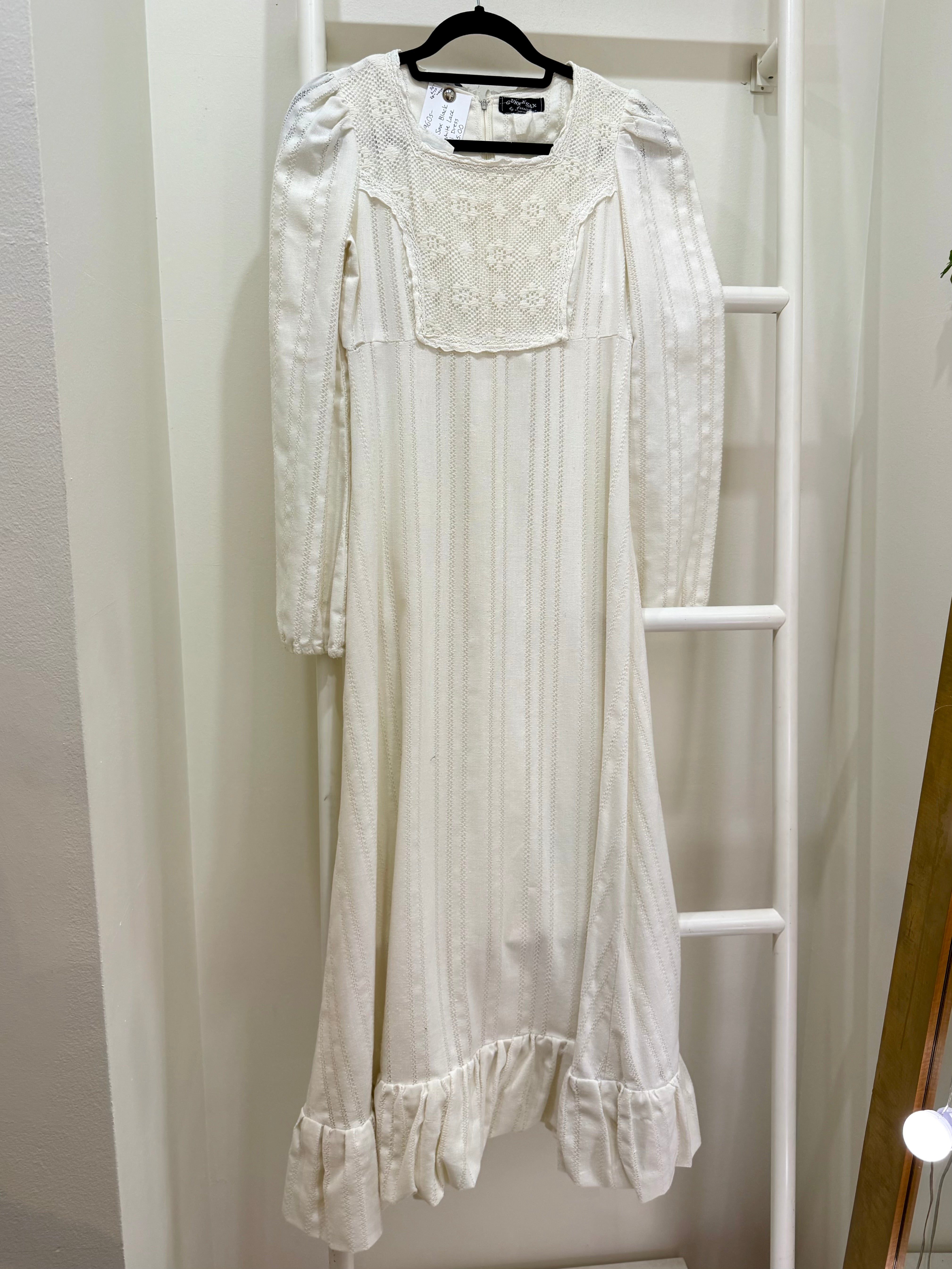 1960s Gunne Sax White Lace Top Maxi Dress