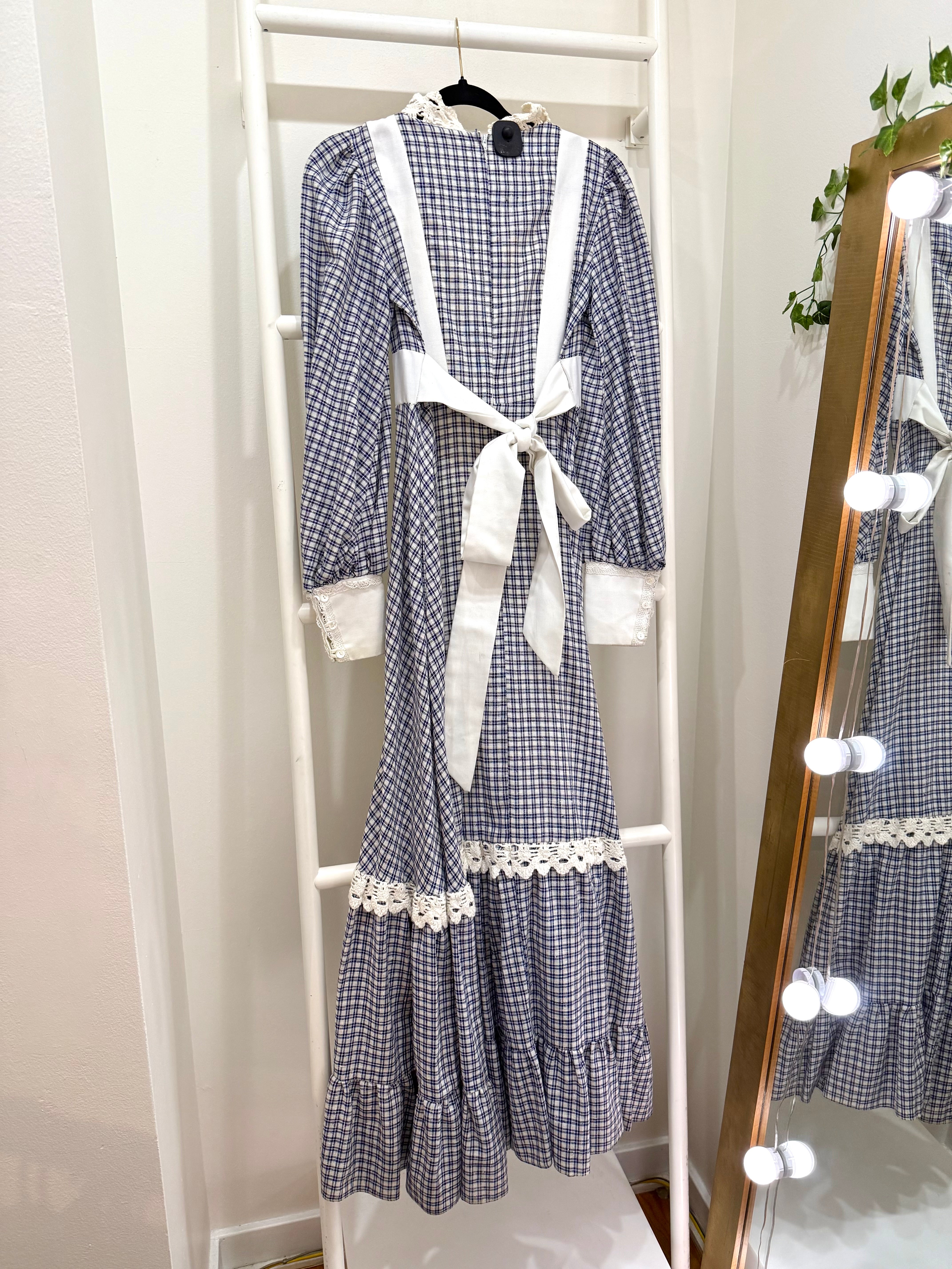 1970s Gunne Sax Blue Gingham Maxi Dress