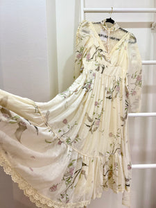 1970s Gunne Sax Botanical Print Lace Top Midi Dress