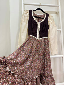 1970s Gunne Sax Brown Corduroy & Calico "Outlander" Midi Dress