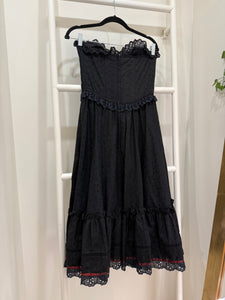 1980s Gunne Sax Black Eyelet Corset Midi Dress