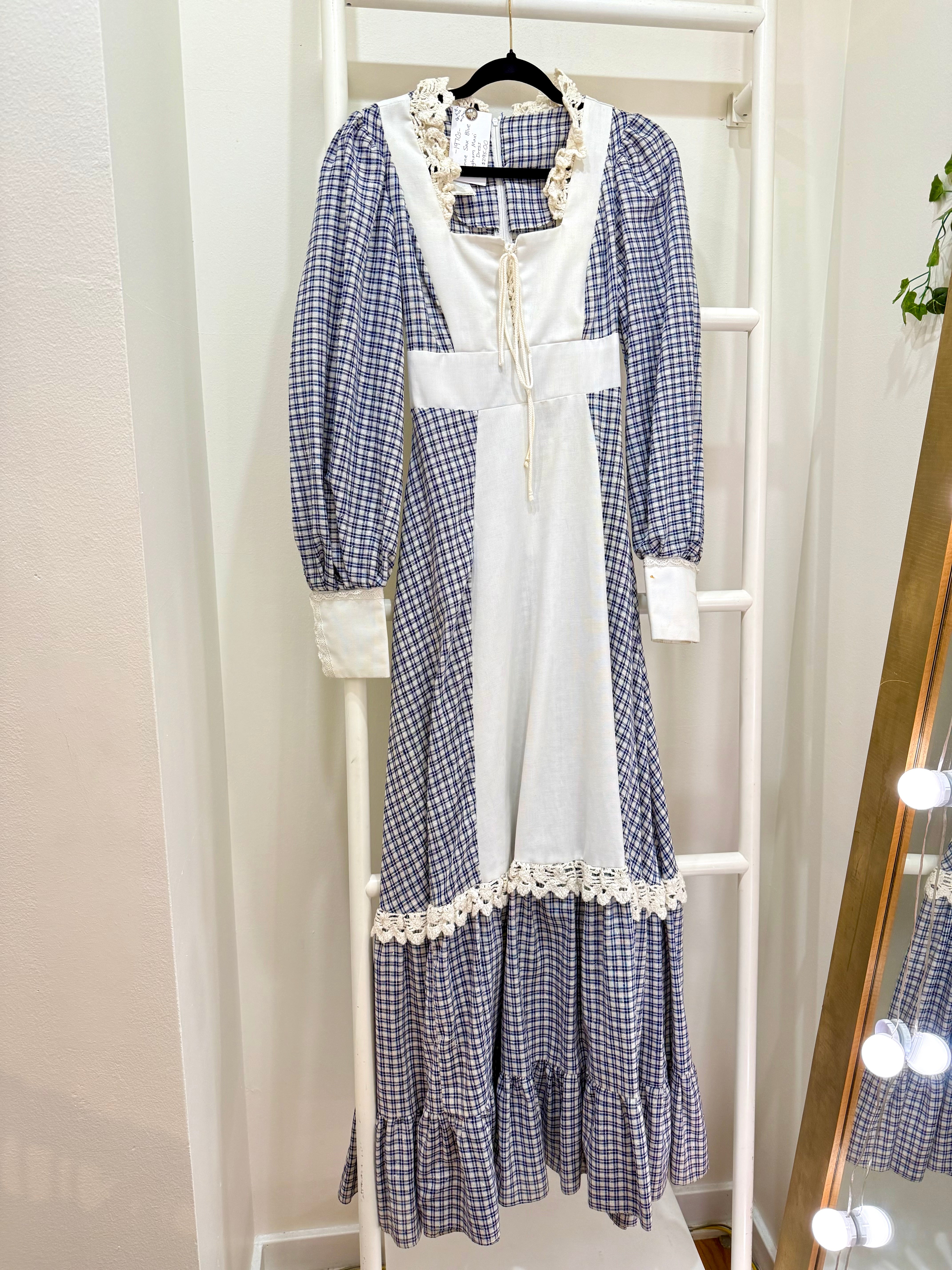 1970s Gunne Sax Blue Gingham Maxi Dress