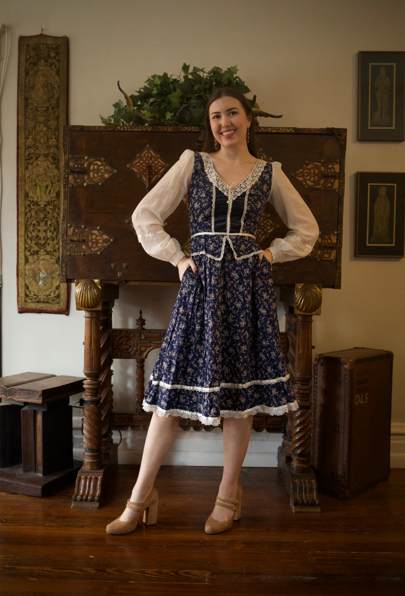 1970s Gunne Sax Navy Calico & Velvet Peplum Midi Dress