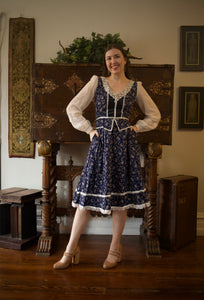 1970s Gunne Sax Navy Calico & Velvet Peplum Midi Dress