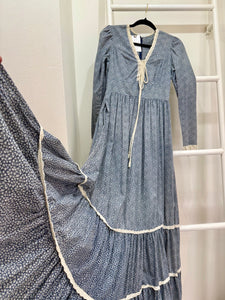 1970s Gunne Sax Blue Calico Bicentennial Maxi Dress