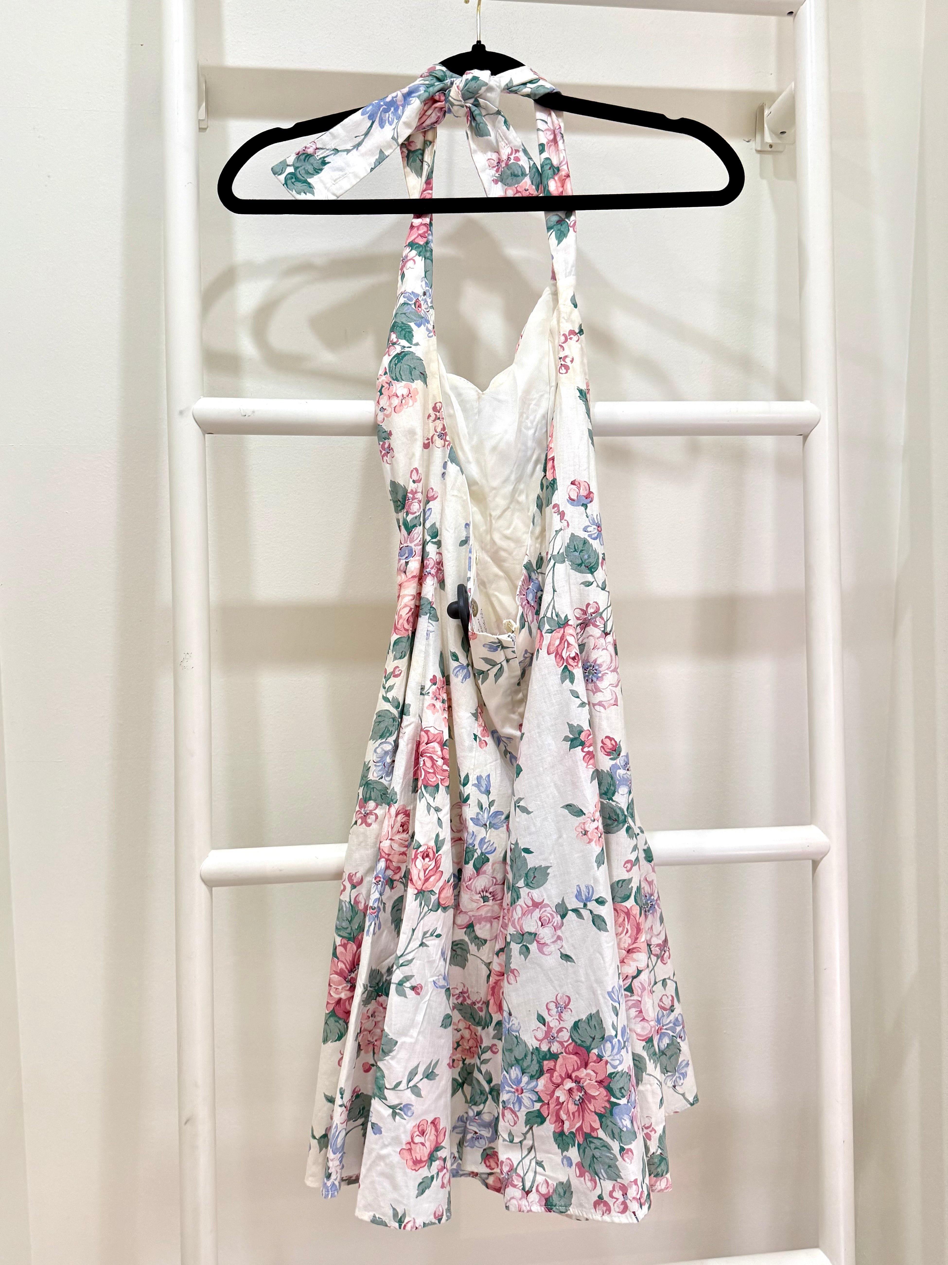 1990s Gunne Sax Floral Halter Mini Sun Dress