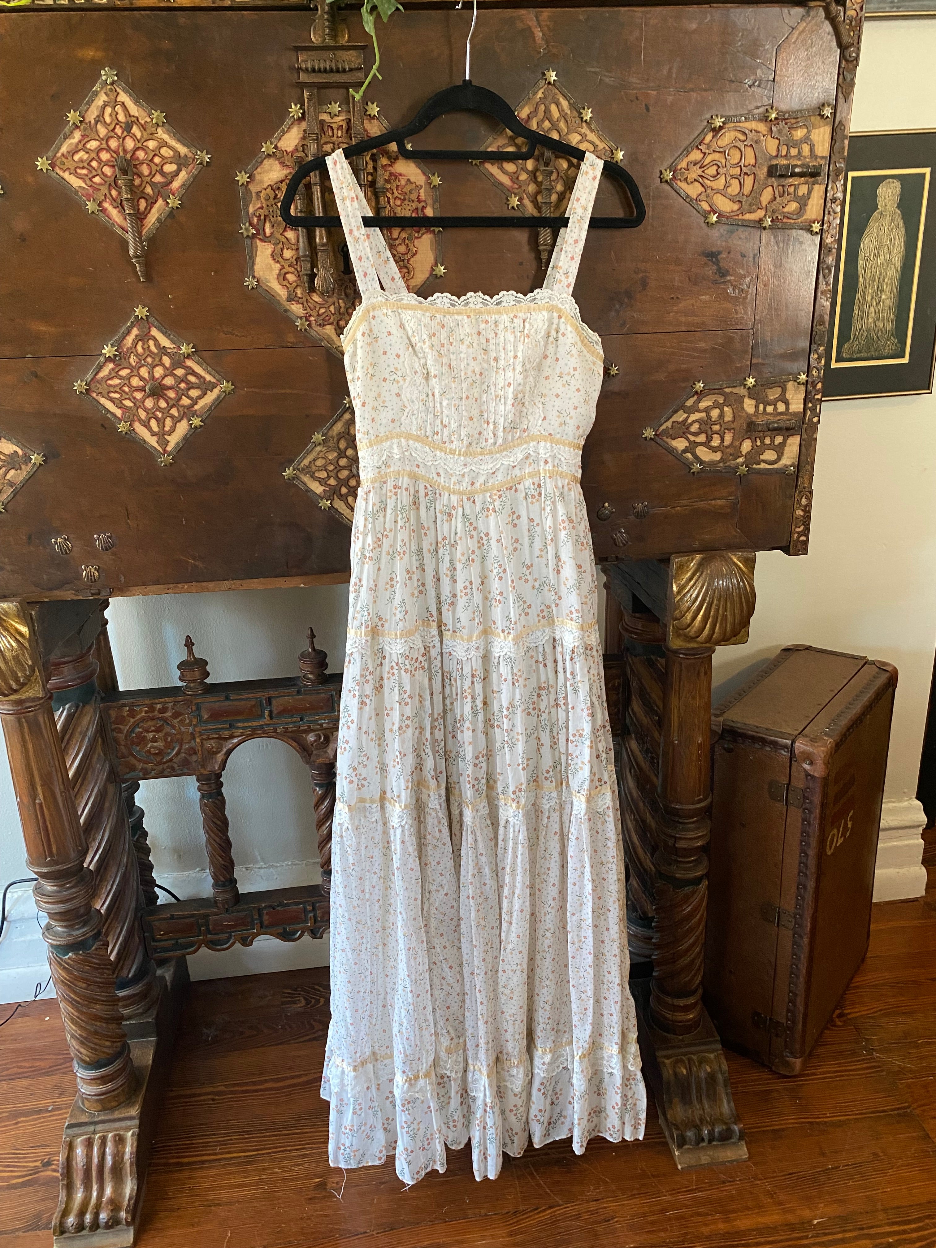 1970s Gunne Sax Golden Calico Maxi Sun Dress