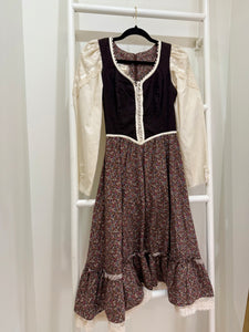 1970s Gunne Sax Brown Corduroy & Calico "Outlander" Midi Dress