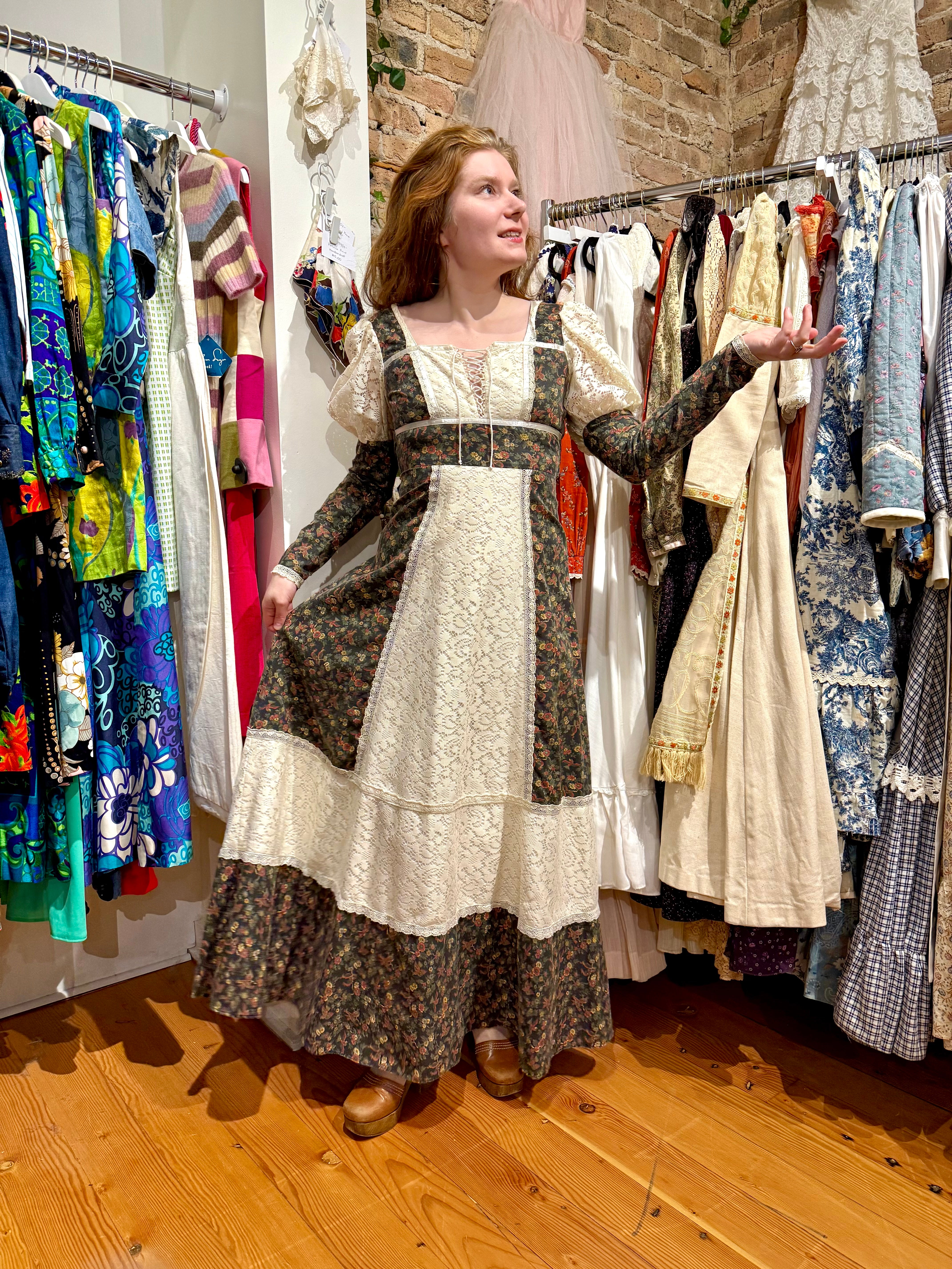1970s Gunne Sax Bird Print Princess Maxi Dress