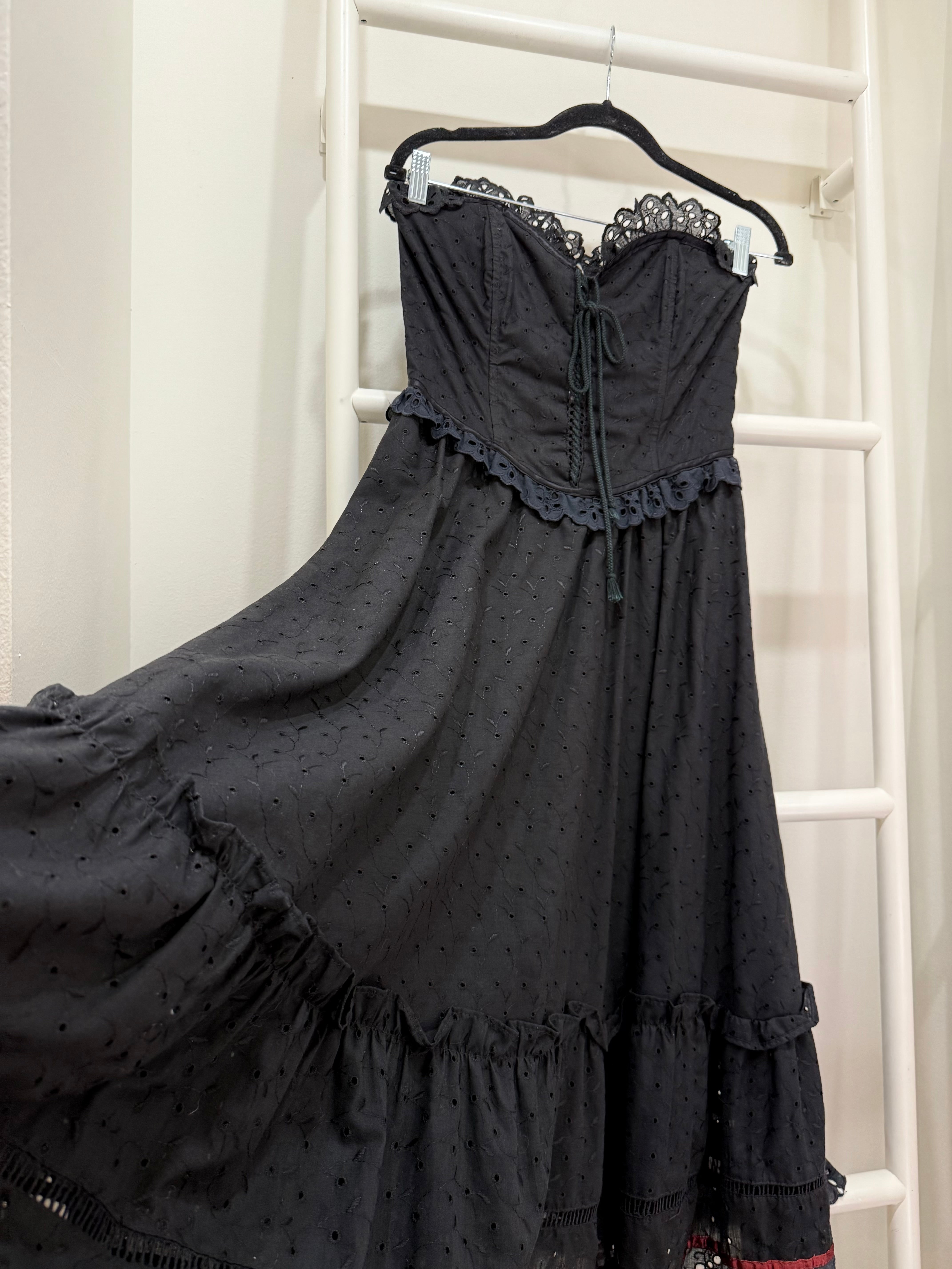 1980s Gunne Sax Black Eyelet Corset Midi Dress