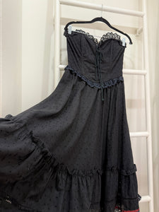 1980s Gunne Sax Black Eyelet Corset Midi Dress